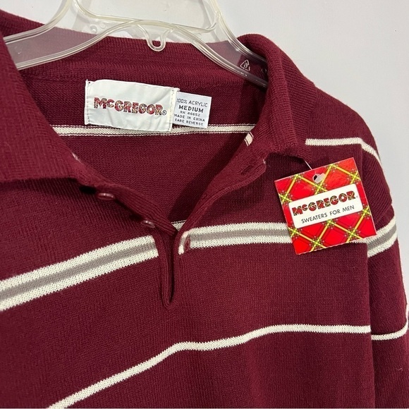 NWT Vintage deadstock burgundy striped collared acrylic sweater retro throwback - Picture 11 of 15